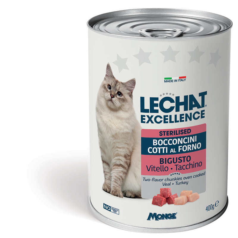 Monge LeChat Excellence — ღუმელში მომზადებული ნაჭრები ხბოსა და ინდაურის ხორცით სტერილიზებული ზრდასრული კატებისთვის, 400 გრ