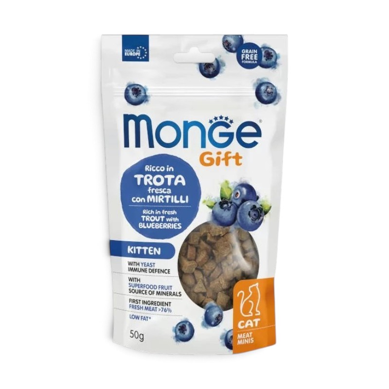 Monge Gift Meat Minis Kitten — კნუტის უმარცვლო სასუსნავი კალმახითა და მოცვით, 50 გ