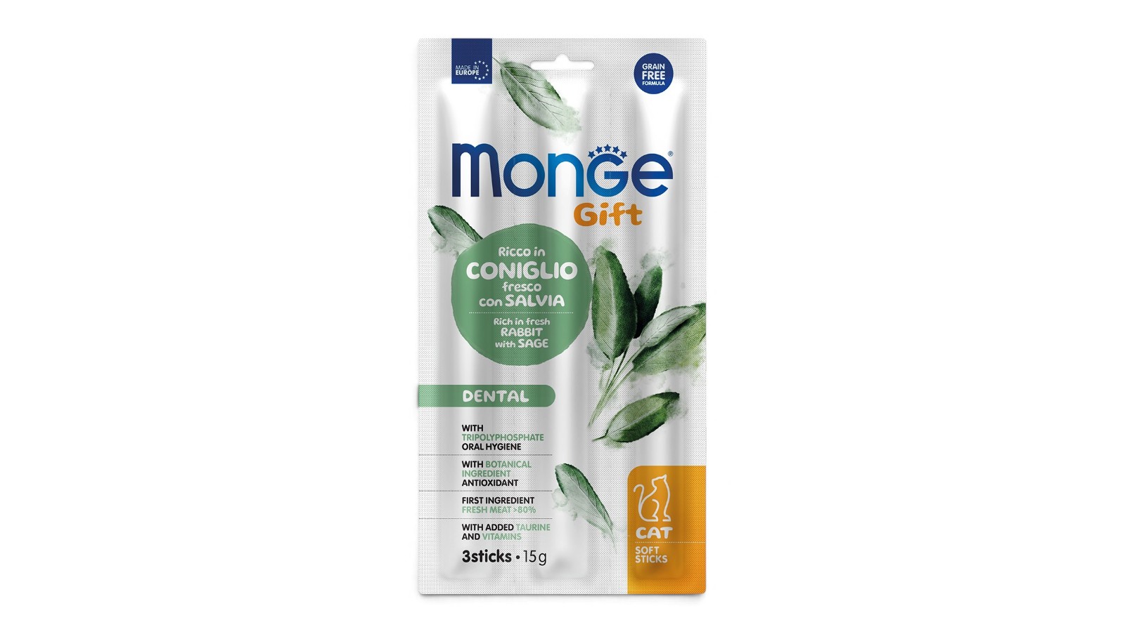 Monge Gift Dental Sticks — კატის უმარცვლო რბილი ჩხირები კურდღლითა და სალბით, 15 გ