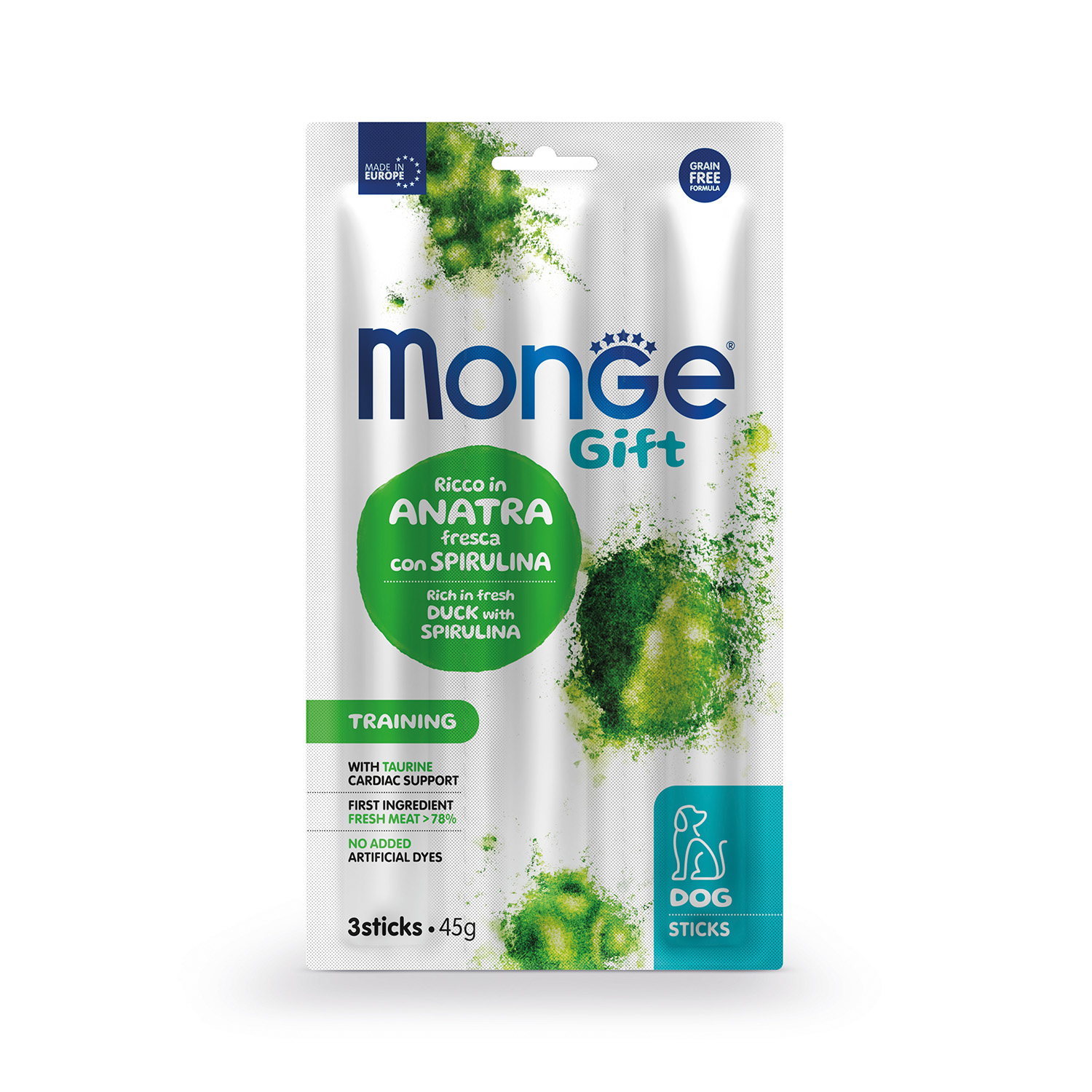 Monge Gift Training Sticks — უმარცვლო სავარჯიშო სასუსნავი ძაღლებისთვის, იხვითა და სპირულინით, 45 გ