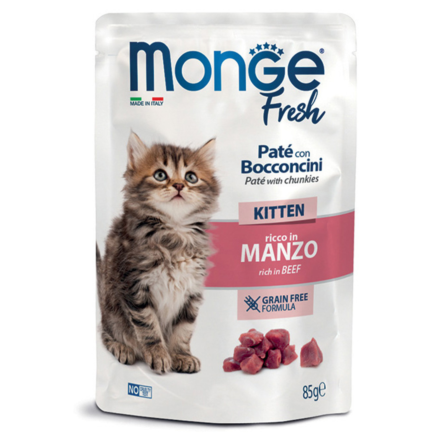 Monge Fresh Paté — კნუტების სრულფასოვანი სველი საკვები საქონლის ხორცის ნაჭრებით, პაუჩი, 85 გ