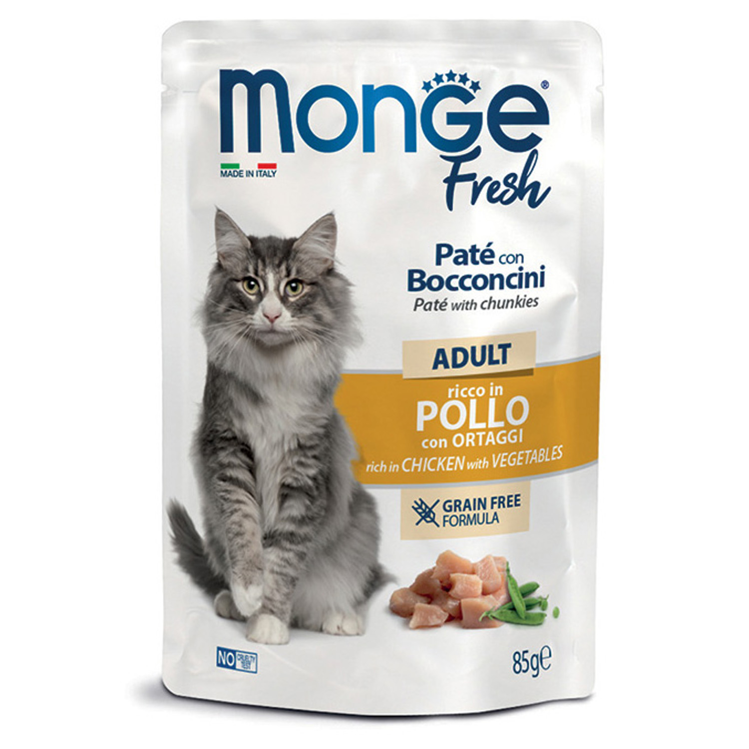 Monge Fresh Paté — ზრდასრული კატების სრულფასოვანი სველი საკვები ქათმის ნაჭრებითა და ბოსტნეულით, პაუჩი, 85 გ