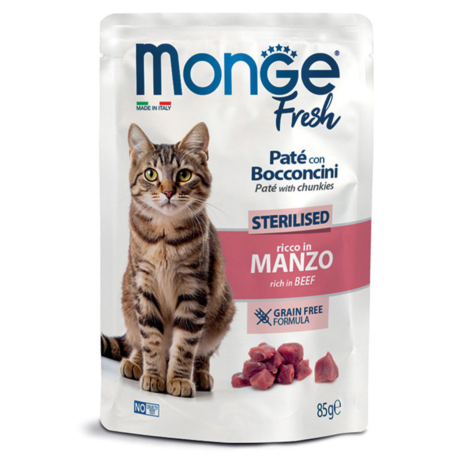 Monge Fresh Paté — სტერილიზებული კატების სრულფასოვანი სველი საკვები საქონლის ხორცის ნაჭრებით, პაუჩი, 85 გ