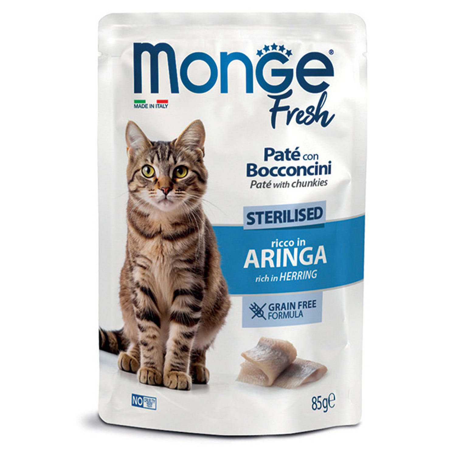 Monge Fresh Paté — სტერილიზებული კატების სრულფასოვანი სველი საკვები ქაშაყის ნაჭრებით, პაუჩი, 85 გ