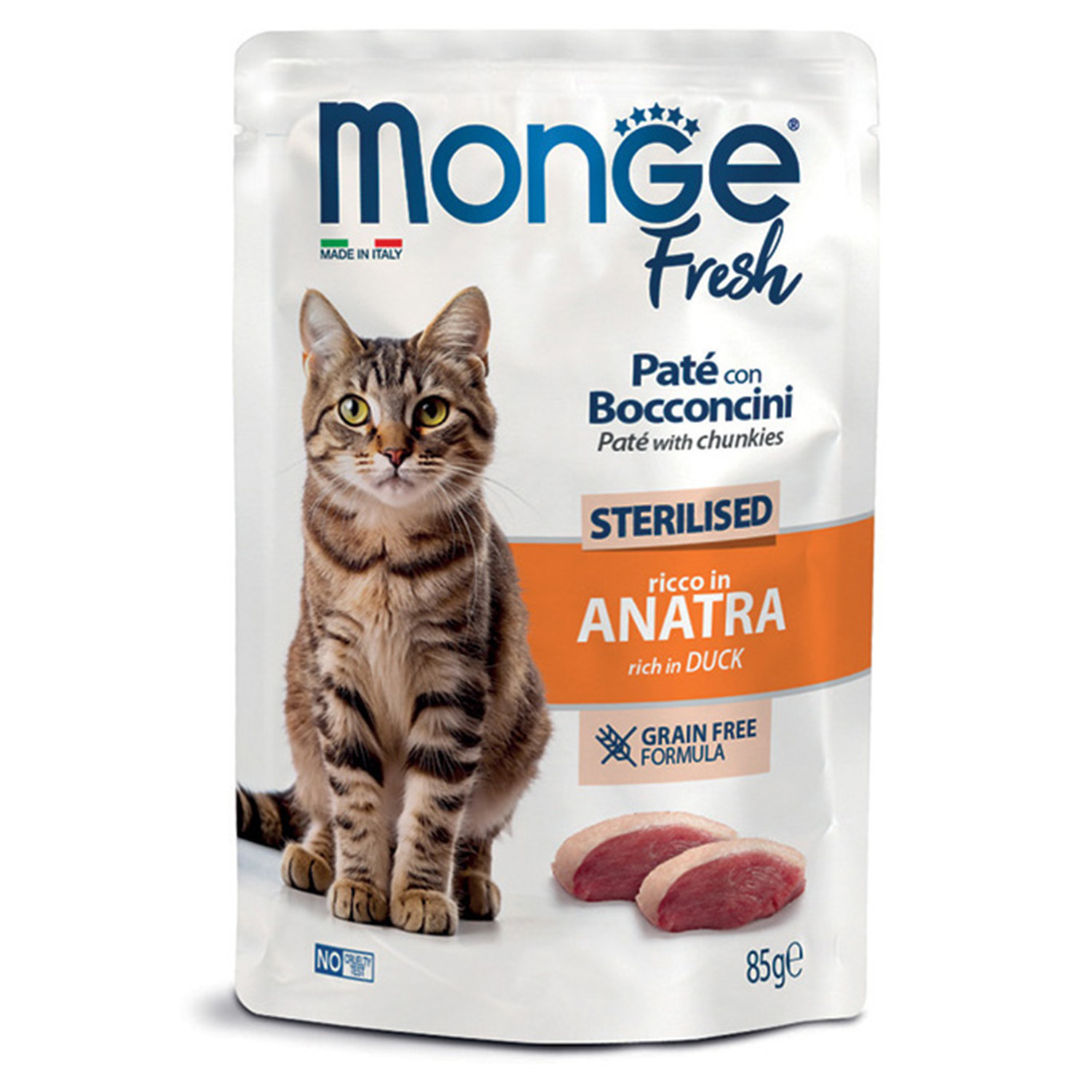 Monge Fresh Paté — სტერილიზებული კატების სრულფასოვანი სველი საკვები იხვის ხორცის ნაჭრებით, პაუჩი, 85 გ
