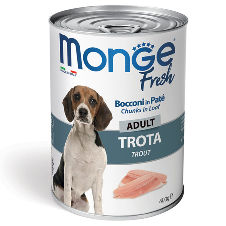 Monge Fresh — ყველა ჯიშის ზრდასრული ძაღლების სრულფასოვანი სველი საკვები კალმახის ნაჭრებით ხორცის რულეტში, კონსერვი, 400 გ